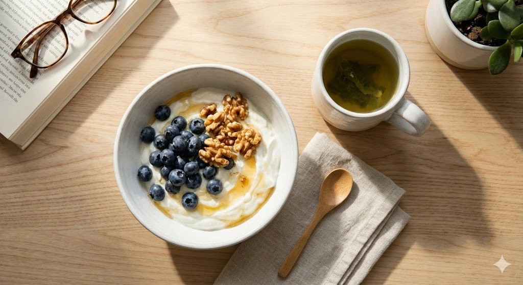 Anti-aging breakfast bowl with Greek yogurt, blueberries, and walnuts with green tea