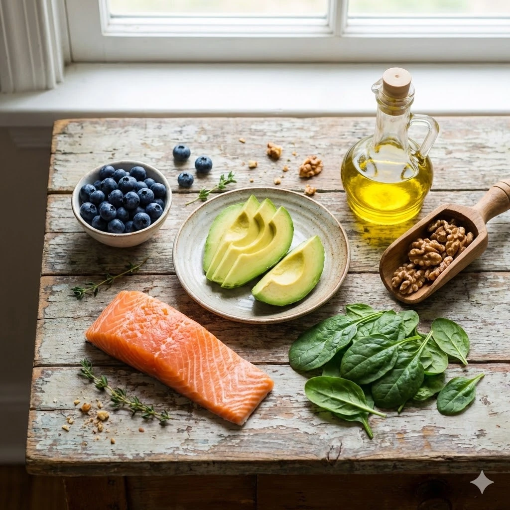 Colorful anti-aging foods including berries, avocado, salmon, and leafy greens arranged on wooden table