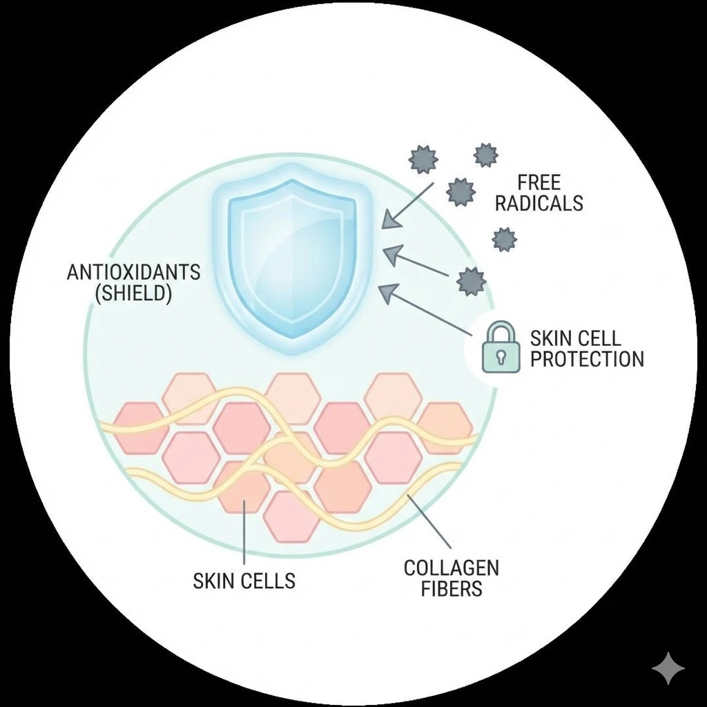 Infographic showing how antioxidants protect skin from free radical damage and support collagen