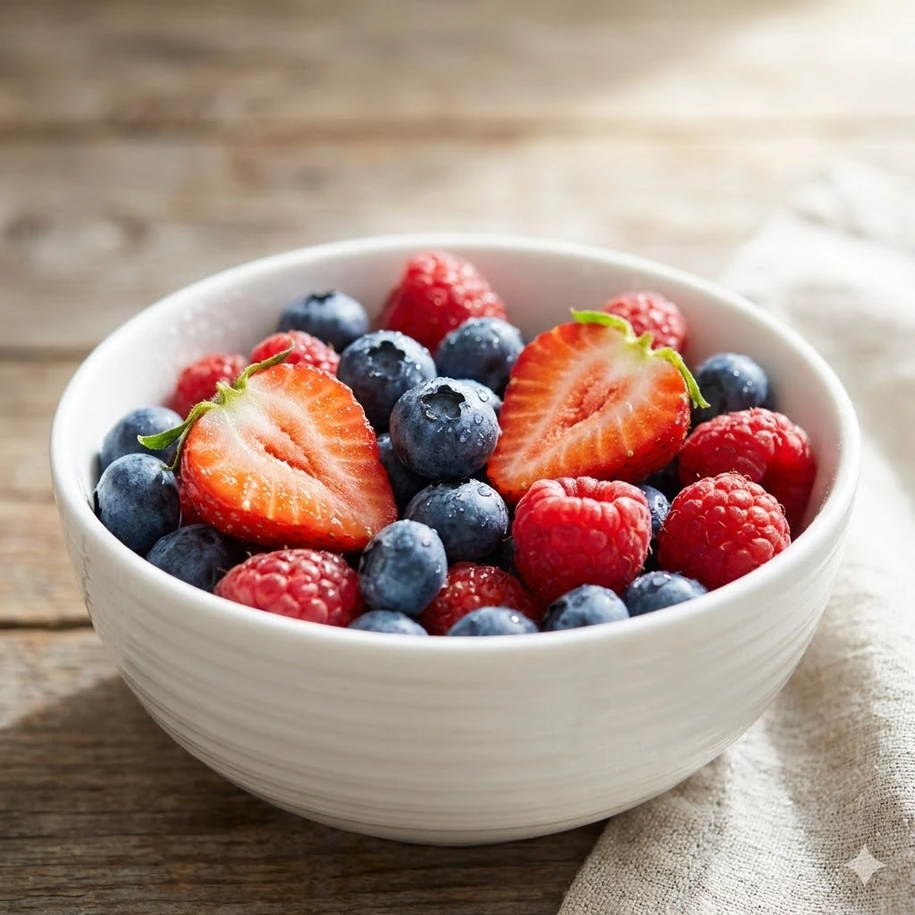 Fresh mixed berries including blueberries, strawberries, and raspberries in white bowl