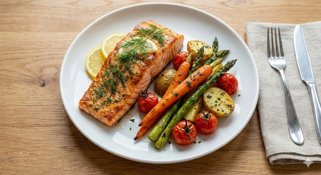 Grilled salmon fillet with herbs, a top source of omega-3 fatty acids for skin health