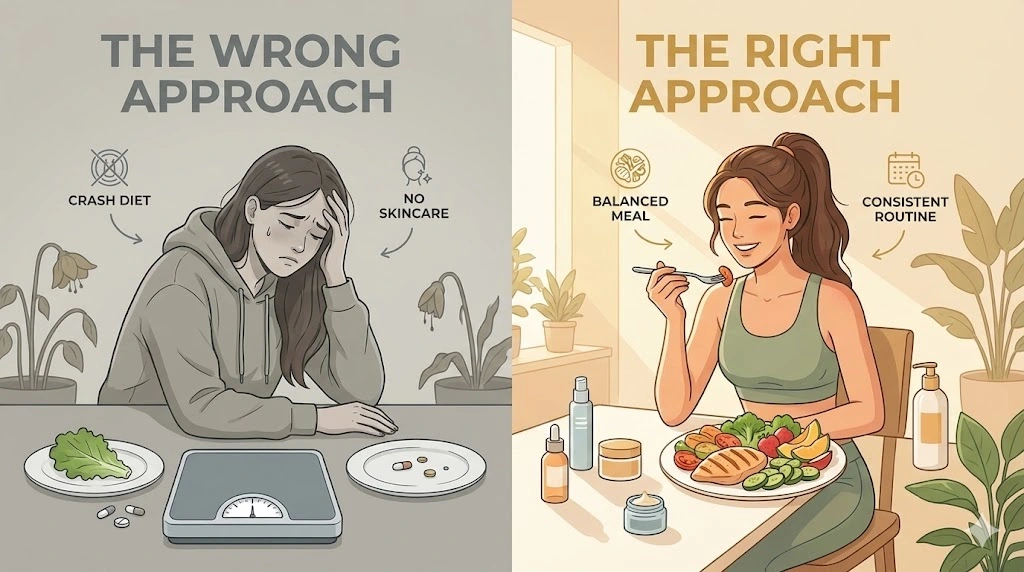 Comparison of common weight loss mistakes versus healthy approach