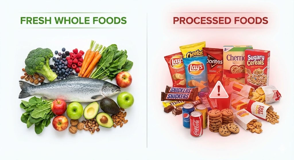 Comparison of anti-aging whole foods versus processed foods that may accelerate skin aging